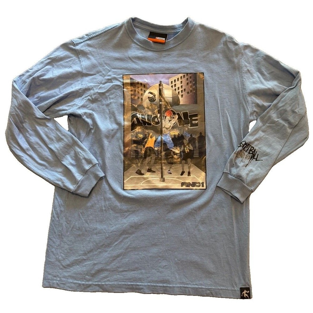Vintage AND1 Long Sleeve Shirt Youth XL 18/20 Light Blue Streetball Graphic Y2K